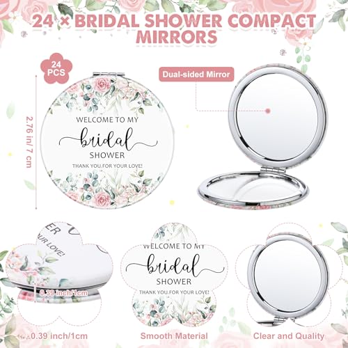 XunYee 24 Sets Bridal Shower Favors for Guests Flower Design Makeup Mirrors Leather Compact Mirrors Bridal Thank You Cards with Organza Bags Bridesmaid Gifts Wedding Party Favors Supplies (Pink)