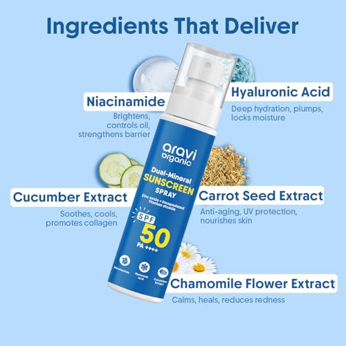 Aravi Organic Dual Mineral Sunscreen Spray SPF 50 | In-VivoTested | Broad Spectrum Protection | Fast Absorbing & Lightweight, Face and Body Sunscreen | Zinc Oxide & Titanium Dioxide - 3.38 FL Oz