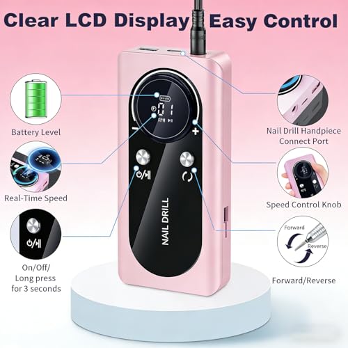 Nail Drill Machine 45000RPM, Professional Nail Drill Rechargeable, Low Noise Gel Drill Kit with 6 Drill Bits & Sanding Bands, Nail Electric File for Shaping, Polishing & Removing at Salon & Home