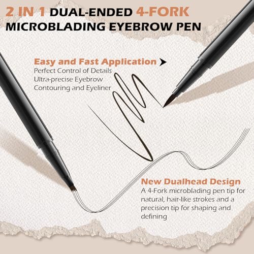 2PCS Microblading Eyebrow Pencil with Brush, 2-In-1 Dual-Ended Waterproof Eyebrow Pen with 4-Fork-Tip & Ultra-Precise-Tip for Hair-Like Natural Eyebrow Makeup, Eye Brow Pencils for Women -Light Brown