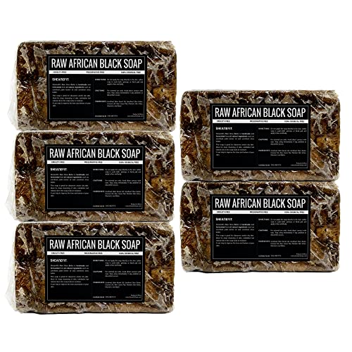 Sheanefit Raw African Black Soap Bar - For All Skin Types - Face, Body, Hair Soap Bulk Bars (15 Ounce (Pack of 5))