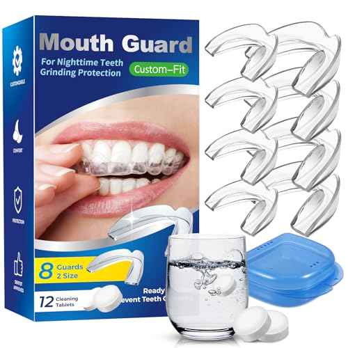 Mouth Guard for Grinding Teeth at Night, Night Guards for Bruxism, Mouthguards for Grinding of Teeth Nighttime, Dental Bite Guard for Adults of Clenching Teeth, 8 Pack with 12 Cleaning Tablets