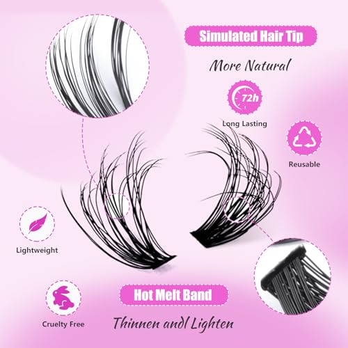 Fluffy Lashes Clusters Kit 280PCS Wispy Lashes Clusters 8-16mm D Curl Natural Look Cluster Eyelash Extensions with Waterproof Lash Bond, Seal, Tweezer for At-Home Use