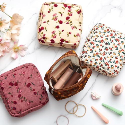 Abbylike 4 Pcs Floral Makeup Bag Cosmetic Bag with Zipper Portable Small Pouches for Purse Toiletry Mini Pouch Cute Mini Makeup Purse for Coin Essentials Items Women(Rose)