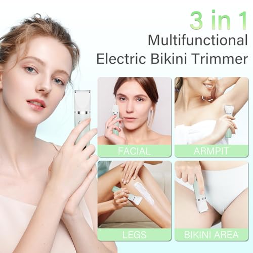 Bikini Trimmer for Women, 3-in-1 Electric Razors for Silk Skin, Wet/Dry Body Hair Shaver for Face Nose Eyebrow Arms Armpit Legs Pubic Area, Painless, IPX7 Waterproof, Ceramic Blade