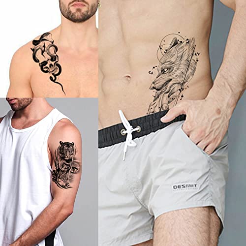 GLARYYEARS Temporary Tattoo for Men, 48-Pack 12 Large 36 Small Fake Tattoos, Long-lasting Realistic Tattoo Stickers, Halloween Cool Black Skull Snake Death Designs for Adults Women for Body Half Arm