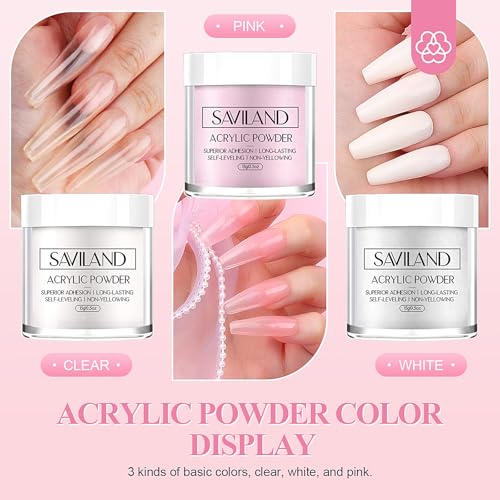 SAVILAND Acrylic Nail Kit Starter Set: Acrylic Nail Kit for Beginners with Everything White Pink Clear Acrylics Powder and Liquid Set #8/10/14 Nail Brush Forms Manicure Tools Home Nail Salon DIY