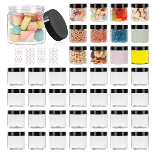 40 Pack 6 OZ Plastic Jars with Lids, Empty Round Clear Slime Cosmetic Container with Labels, Leakproof Multi-use Refillable Storage Jar for Beauty Products, Samples, Travel, Food
