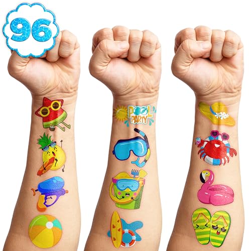 100 PCS Summer Pool Temporary Tattoos Birthday Party Decorations Favors Supplies Beach Balls Floats Swimming Pool Funny Items Decor Stickers For Girls Boys Gift School Prizes Rewards