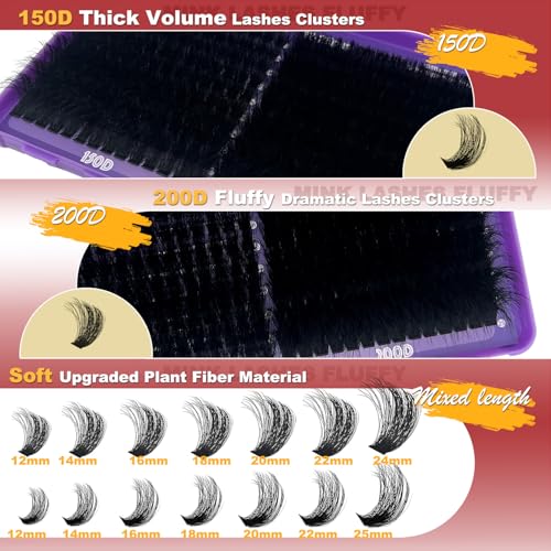 Volume Lash CLusters 12-25mm Long Cat Eye D Curl 280PCS Cluster Eyelash Extensions 150D+200D Thick DIY Lash Extesnion