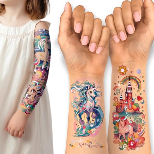 Unicorn Temporary Tattoo for Kids 35pcs Realistic Fake Tattoos, Full Half Arm Sleeve Glitter Tattoo Kit, Waterproof Birthday Party Supplies, Makeup Gifts for Girls Kids (24 Sheets)