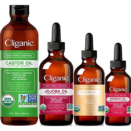 Cliganic Organic Carrier Oils Quad: Castor, Jojoba, Argan & Rosehip