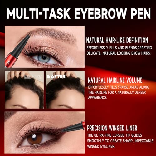 DUDUDU Eyebrow Pencil for Women - Microblading Eyebrow Pen with Dual-Ended Design featuring 2-Fork Tip & Fine Single Brush-Tip, Waterproof, Creates Natural Hair-Like Strokes, Long-Lasting Brown