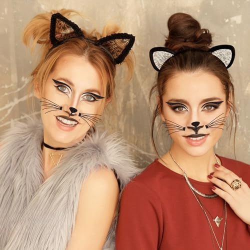Halloween Cat Face Stickers Glitter Cat Face Tattoos Sticker Self-Adhesive Cat Whisker Eyes Body Temporary Tattoos for Women Girls Halloween Costume Accessories