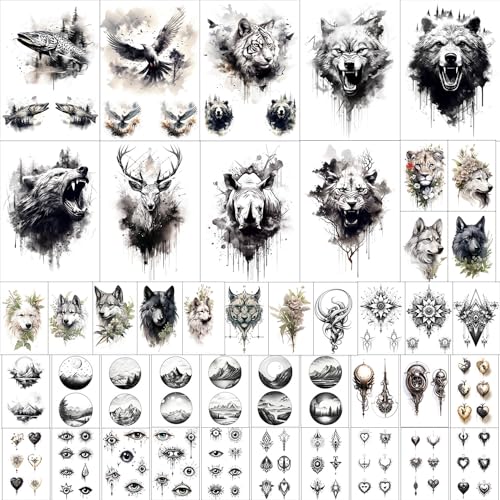 GLARYYEARS Temporary Tattoo for Men, 44-Pack Large+Small size Realistic Tattoos, Long-lasting Fake Tattoo Stickers, Cool Black Body Half Arm Tattoos, Bear Lion Wolf Tiger Rhino Deer Evil Eyes Design