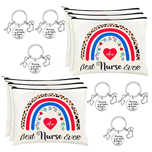 12 Pcs Christmas Nurse Gifts for Women 6 Makeup Bags Cosmetic Zipper Pouch 6 Keychains Nurse Week Appreciation Gifts Accessories for Work Practitioner Birthday Day