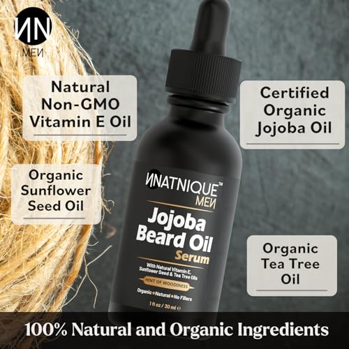 Natnique Jojoba Beard Oil for Men with Vitamin E & Tea Tree ? Organic Conditioner & Growth Oil ? Moisturizer for Facial Hair, Mustache & Dry Skin ? Softener for Itch, Dandruff & Grooming Care ? 1 oz