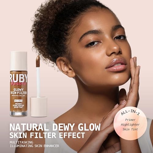 Ruby Kisses Glowy Skin Filter Foundation - All-in-1 Primer, Skin Tint & Highlighter, Hydrating Light Coverage with Squalane, Natural Dewy Finish, Luminous & Radiant Glow (Golden Rich)