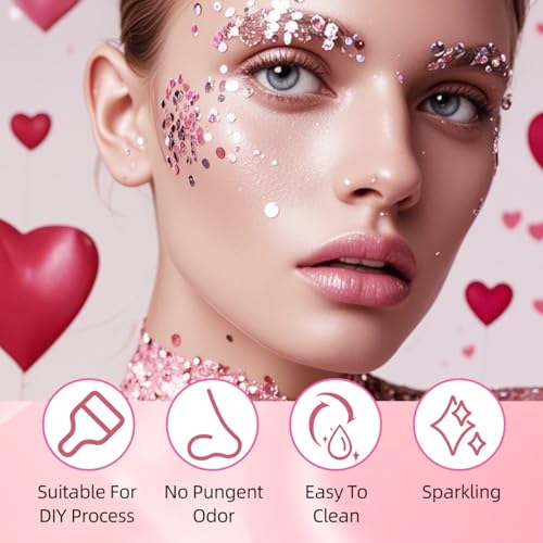 Red Body Glitter Face Glitter Red Hair Glitter Gel Festival Face Paint Rave Makeup Glitter Valentines Face Gems 6 Shapes Fine Chunky Glitter Gel for Women Girls