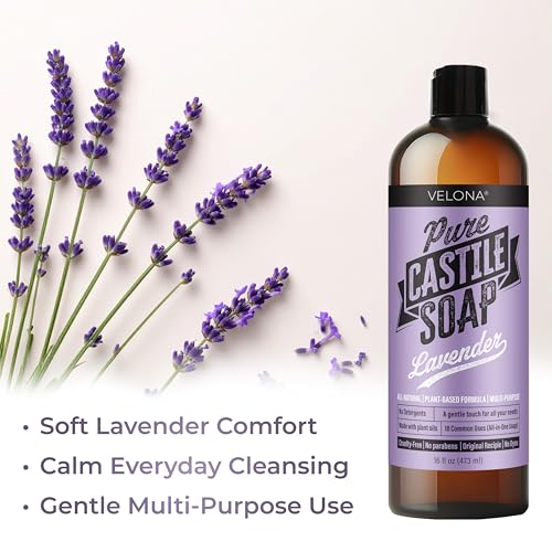 velona Pure Castile Soap - 16 Fl oz | Mild & Gentle | Face, Hand, Hair, Body Wash, Laundry | Lavender Essential Oil