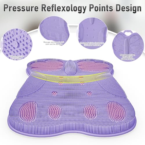Shower Back Scrubber Wall Mounted for Women XXL | Silicone Bath Body Brush Massage Scratcher Mat with Back Support Anti-slip Suction Cups | Exfoliating Skin Care Luxury Bathtub Cushion Pad Purple
