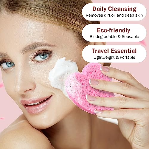 Dandat 300 Count Compressed Facial Sponges Heart Shape Face Sponges for Cleansing Natural Facial Exfoliating Pads for Estheticians(Pink)