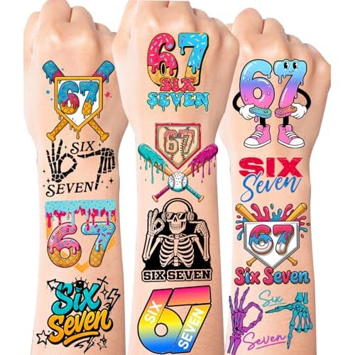 Six Seven Stickers Tattoos Funny 6 7 Temporary Tattoos Stickers 96PCS Number Funny Six Seven Donut Ice Cream Baseball Meme 6 7 Elf Santa Christmas Gifts for Kids Teens Adults