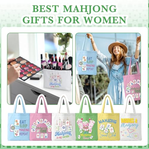 Tallew 12 Pcs Mahjong Canvas Tote Bags Bulk and Makeup Pouches Gifts Set for Women Grocery Bags with Handles Zippered Cosmetic Pouch for Mahjong Lover Player Friend Mom Grandma Lucky Birthday Gift