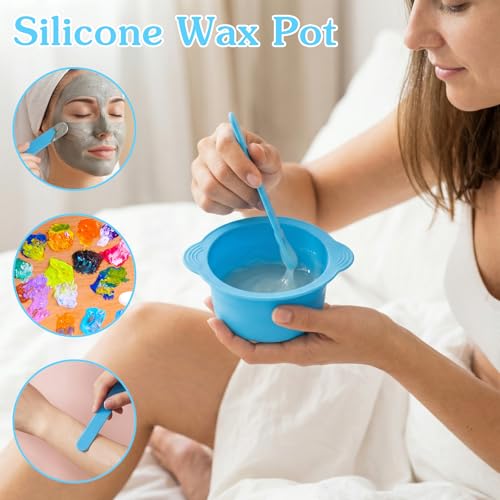 2pcs Wax Pot Liner, Non-Stick Wax Silicone Bowl with 2 Pcs Wax Spatula Sticks, Reusable Wax Pot Silicone Liner for Hair Removal, Blue