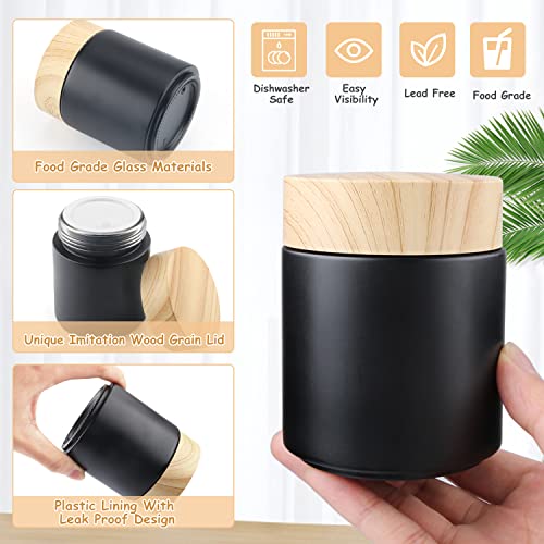 Furnido 6 Pack 8 oz Black Round Glass Jars,Empty Glass Cosmetic Containers with Plastic Wood Grain Lid,Inner Liners for Lotion,Powders,Ointments,Storage Creams,Candle Making