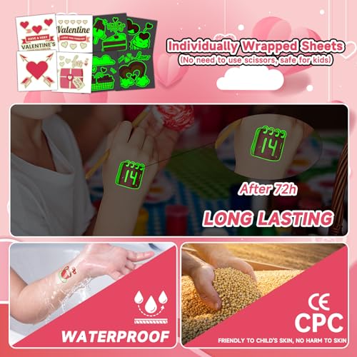 EMOME 204 PCS Individually Wrapped Valentine Luminous Temporary Tattoo Kids, Glow Kiss Heart Tattoos Stickers for Women Kids, Valentine Accessories Decorations Party Favors Supplies