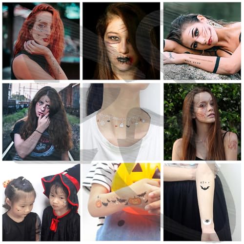 ZS Halloween Horror Realistic Tattoo Stickers Scar Bat Spiderweb, 8 Sheets Halloween Prank Makeup Temporary Tattoo for Adults Men Women, Halloween Face Tattoos Masquerade Props (Set A)