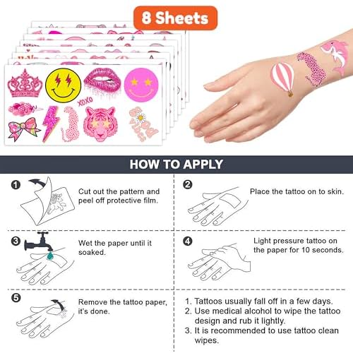 96 PCS Pink Preppy Bachelorette Princess Temporary Tattoos Theme Birthday Party Decorations Supplies Favors Decor Cute Girl Pastel Face Tattoo Stickers Gifts for Kids Girls Boys School Prizes Carnival