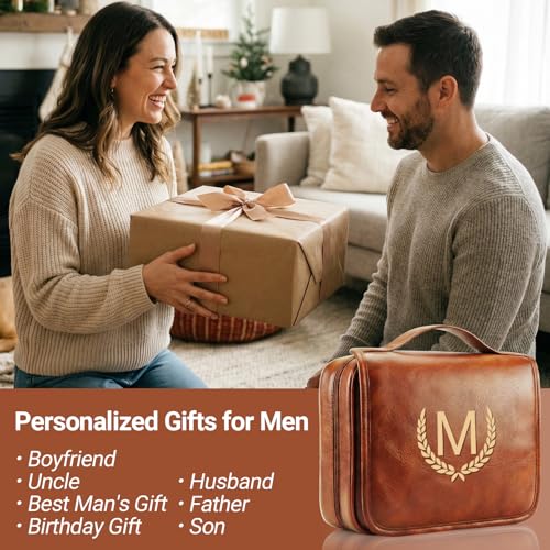 OXYEFEI Personalized Hanging Travel Toiletry Bag Gift for Men,Engraved Initial PU Leather Mens Large Toiletry Travel Essential Organizer Dopp Kit Shaving Bag for Him Birthday (A, Light Brown)
