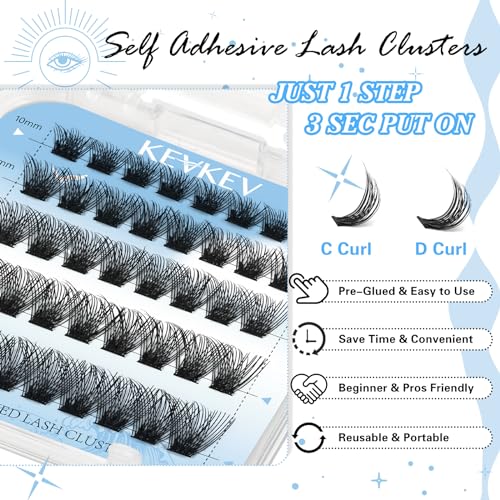 KevKev Self Adhesive Eyelashes 40Pcs Press On Lashes No Glue Needed Self Adhesive Lash Clusters Reusable Pre-Glued Eyelashes with Tweezers DIY Lash Extension Kit for Beginners (Caramel, D-10-18mix)