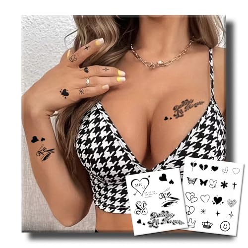 Semi Permanent Tattoo for Women, 2 Sheets Realistic Sexy Small Temporary Tattoos, Lasts 2 Weeks Fake Tattoo for Arm Fingers, Waterproof and Non-Reflective, Y2K Stickers & Heart Mix Tiny Tattoos