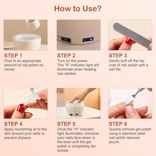 Electric Nail Soaking Bowl, Gel Nail Polish Remover Machine, Gel Heated Nail Remover Bowl Machine with Nail Files Cuticle Pusher for Home Salon