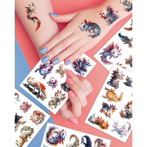 156Pcs Axolotl Temporary Tattoos - Cute Axolotl Tattoos Stickers for Axolotl Birthday Party Decorations Supplies, 20 Sheets