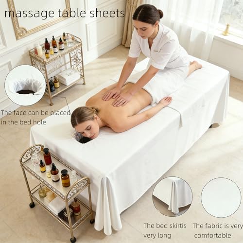 Premium Reusable Massage Table Skirt Sheets with Face Hole, Bed Cover Professional Massage Linens Fitted Wax Mat for Esthetician Bed, Stain and Wrinkle-Resistant, Machine Washable (White, 72*118 Inch)