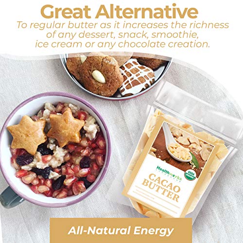 Healthworks Superfoods Organic Cacao Butter - 16 Oz / 1 Lb - USDA Certified Organic from Peru - Unrefined Non-Deodorized Cocoa - Sugar-Free, Keto, Vegan & Non-GMO - Antioxidant Superfood