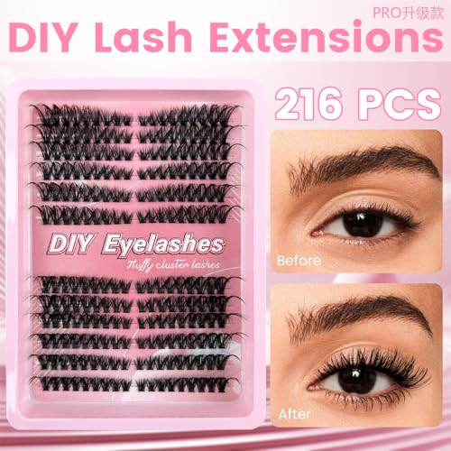 Lash Clusters Kit - Stunning Natural Black 60D 80D Volume Eyelash Extensions, 216 Pcs Individual Lashes 8-16mm, D Curl Thick Cluster Lashes for Gorgeous Eyes (80D)