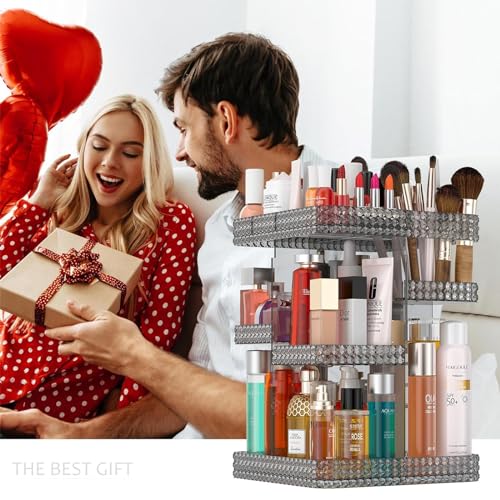 Makeup Organizer 360 Rotating Cosmetic Organizer, 2PCS DIY Adjustable Makeup Carousel Spinning Holder Rack, Large Capacity Cosmetic Display Cases Vanity Countertop Fits Makeup Brushes Lipsticks (Grey)