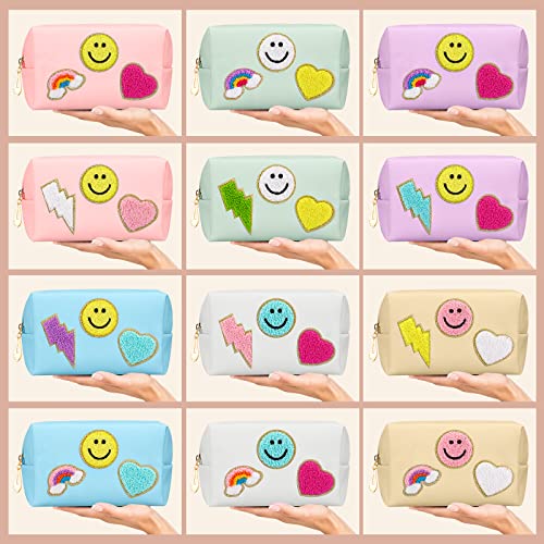 Sanwuta 12 Pcs Preppy Patch Makeup Bag Chenille Letters Cosmetic Bag PU Leather Preppy Organizer Small Smile Heart Toiletry Pouch Portable Waterproof Storage Purse Pouch for Women Adults