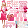 6 Set Girls Spa Party Supplies Kit 83 PCS Includes Satin Robes Headbands Slippers Nail Kit Masks Towel Brush Set for Birthday Sleepover Pink, Hot Pink Birthday Theme