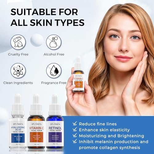 Anti-Aging Facial Serum Set - Vitamin C, Retinol & Hyaluronic Acid Serum Set for Skin Radiance and Moisture, 1 Fl Oz (Pack of 3)