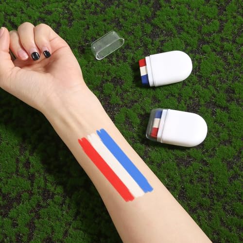 2pcs Patriotic 4th of July Face Paint, Red White & Blue USA American Flag Face Paint Stick Softball Baseball Face Paint Sports Events & Independence Day Stuff for Athletes Men Women Kids