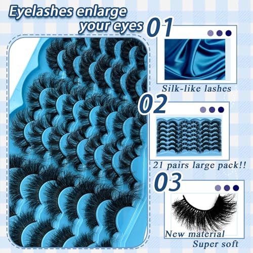 21 Pairs False Eyelashes 3 Styles Mixed Strip Lashes 18-25mm Fluffy Eyelashes Pack 8D Volume Super Soft Faux Mink Lashes D Curl Eyelashes