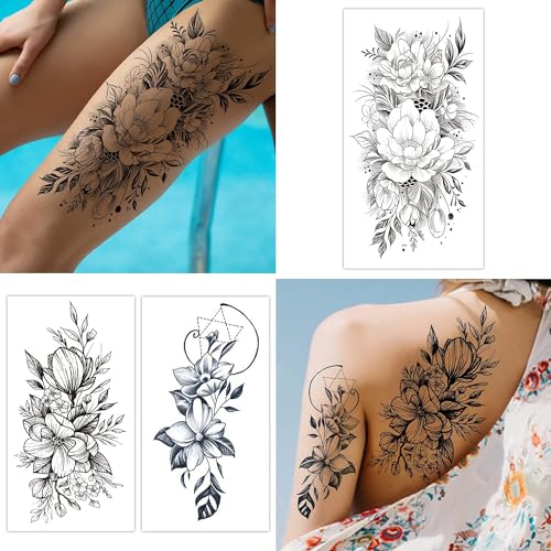 Cerlaza Temporary Tattoos for Women, Fake Flower Tattoos Stickers for Adults, Semi Permanent Half Sleeve Tattoo Body Leg Makeup Waterproof, Flower 3D Butterflies Tatuajes Temporales-12 Sheets