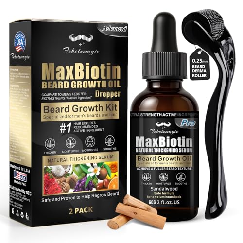 Biotin Beard Growth Kit for Men with Conditioning Oil and 0.25mm Massager Roller, Sandalwood Serum with Castor and Jojoba Oil, Grooming Softer Thicker Healthier-Looking Mustache Beard Care