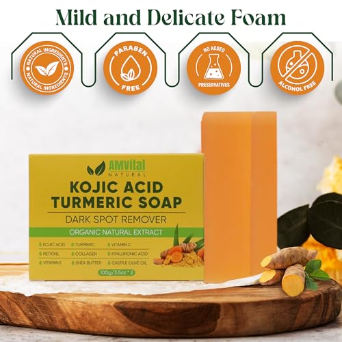 Turmeric Kojic Acid Soap Bars with Vitamin C, Retinol & Hyaluronic Acid ? Face & Body Soap with Collagen & Shea Butter ? 2-Pack Cleansing Bars for All Skin Types